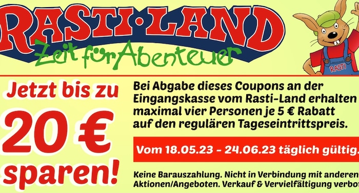 Rasti-Land Gutschein Ticket mit 20 Euro Rabatt im Mai und Juni 2023